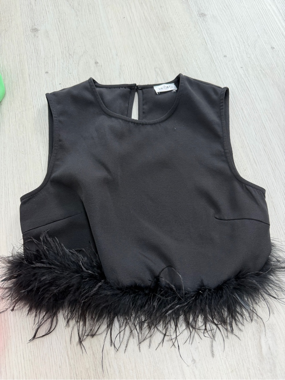Feather-Hem Black Sleeveless Crop Top